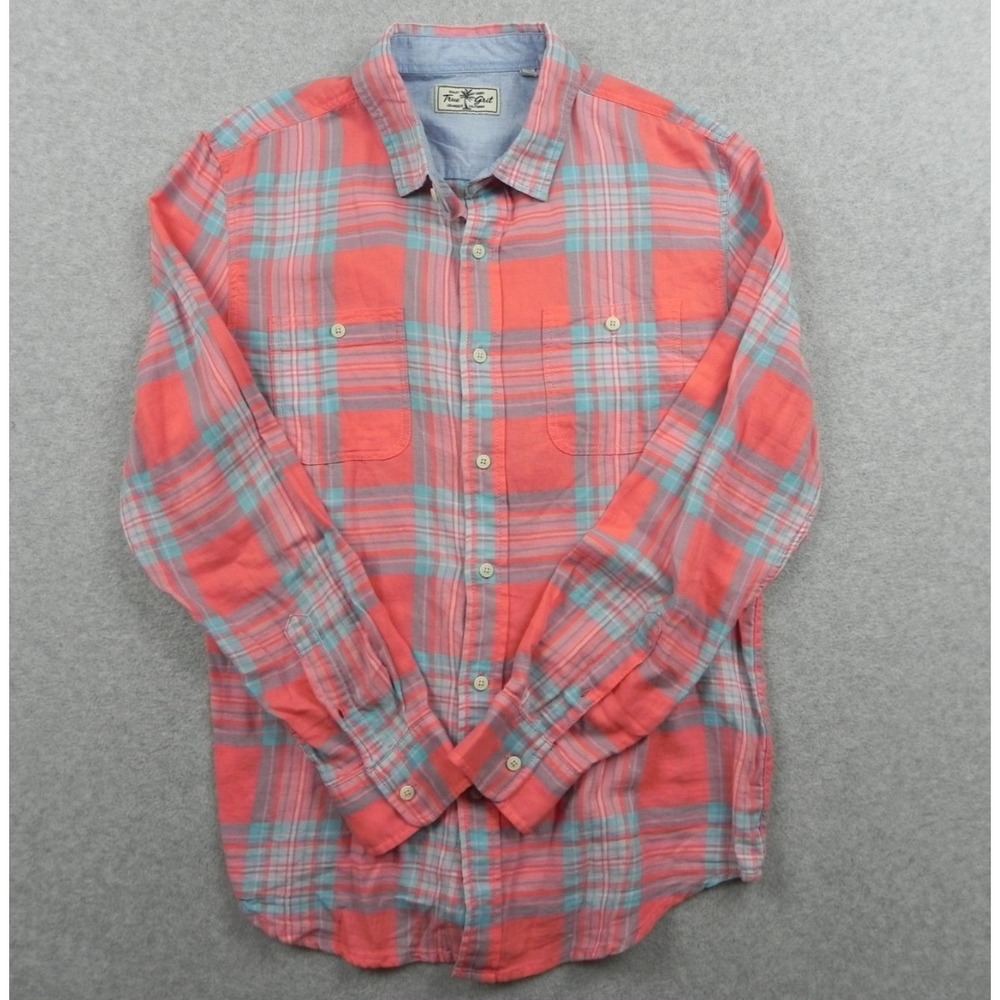 True Gritβ Shirt Mens Small Casual Double Pocket Button Peach Plaid Long Sleeve